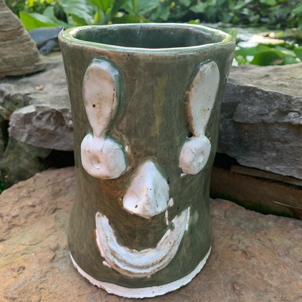 Handcrafted Green and White pottery Vase/planter marked 1979
